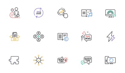 Music book, Graph chart and Fake news line icons for website, printing. Collection of Video conference, Update data, Quick tips icons. Survey check, Recovery computer. Vector