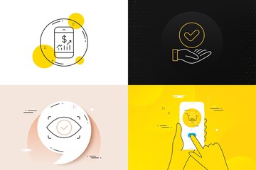 Minimal set of Mobile finance, Biometric eye and Approved checkbox line icons. Phone screen, Quote banners. Shopping icons. For web development. Phone accounting, Security scan, Verification. Vector