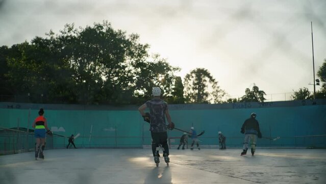 General view street hockey field with players make a counterattack