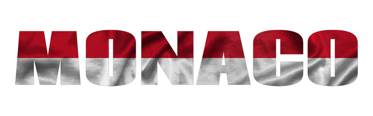 Inscription Monaco in the colors of the waving flag of Principality of Monaco. Country name on isolated background. image - 3D illustration.