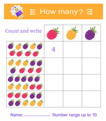 Math game for children. How many? Developing numeracy skills. Vector illustration