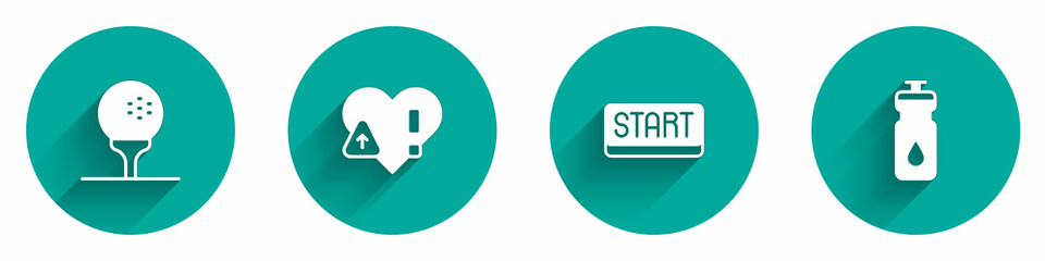 Set Golf ball on tee, Heart rate, Ribbon in finishing line and Fitness shaker icon with long shadow. Vector