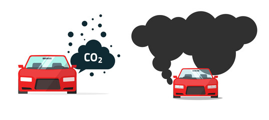 Car co2 exhaust emission icon vector or vehicle auto carbon dioxide gas smoke cloud pollution flat cartoon illustration, concept of automobile transport atmosphere contamination