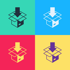 Pop art Carton cardboard box icon isolated on color background. Box, package, parcel sign. Delivery and packaging. Vector