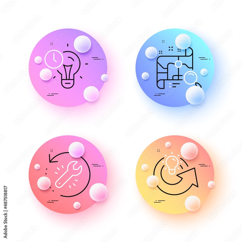 Poster recovery tool, time management and share idea minimal line icons. 3d spheres or balls buttons. searc