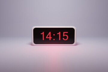 3d alarm clock displaying current time with hour and minute 14.15 14 am pm mid day - Digital clock with red numbers - Time to wake up, attend meeting or appointment