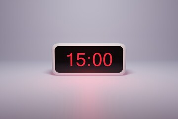 3d alarm clock displaying current time with hour and minute 15.00 15 am pm mid day - Digital clock with red numbers - Time to wake up, attend meeting or appointment