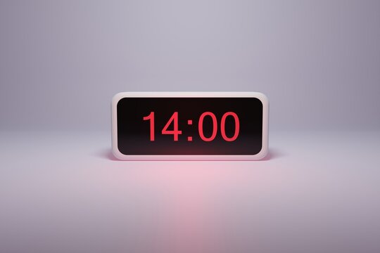 3d alarm clock displaying current time with hour and minute 14.00 14 am pm mid day - Digital clock with red numbers - Time to wake up, attend meeting or appointment