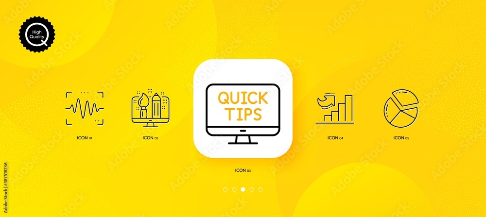 Poster growth chart, voice wave and web tutorials minimal line icons. yellow abstract background. creative 