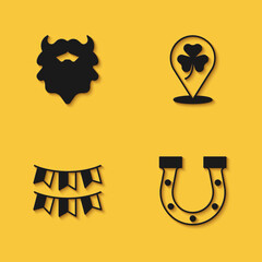 Set Mustache and beard, Horseshoe, Carnival garland with flags and Clover trefoil leaf icon with long shadow. Vector