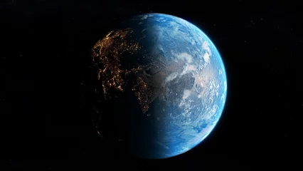 Crédence de cuisine en verre imprimé Pleine Lune arbre Terre en perspective spatiale, Inde, Moyen-Orient, Europe, Afrique, éclairage de la ville.Observation de la ligne crépusculaire de la Terre depuis l& 39 espace.
