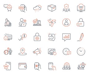 Business icons set. Included icon as Recovery cloud, Rainy weather and Online voting web elements. Analytical chat, Online chemistry, Time management icons. Hold smartphone, Lock. Vector