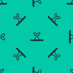 Blue line Whale tail in ocean wave icon isolated seamless pattern on green background. Vector