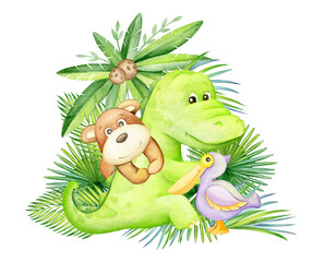 Monkey, alligator, parrot, pelkin, palm, Watercolor clipart, in cartoon style, on an isolated background.