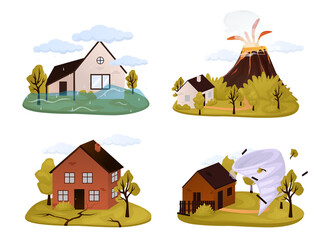 Fototapeta premium Natural disaster, catastrophe set of vector illustrations with tornado, blizzard, fire, tsunami isolated compositions with various kinds of elemental calamities and catastrophes vector illustration