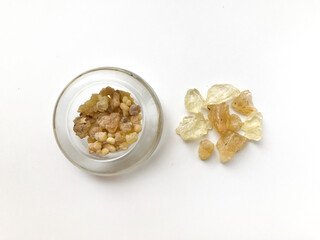 Set of natural resins , frankincense close-up on a white background