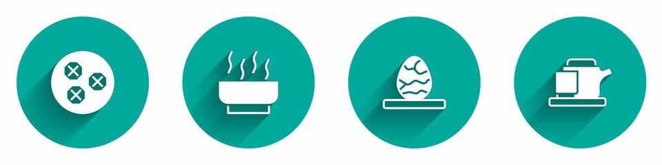 Set Wonton, Ramen soup bowl, Chinese tea egg and Traditional ceremony icon with long shadow. Vector