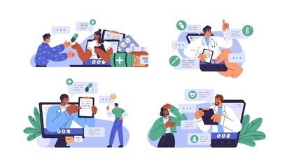 Doctor and patient during online video calls set. Telemedicine, virtual healthcare concept. Apps, web services for remote medical help. Flat graphic vector illustrations isolated on white background