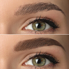 Collage with photos of young woman before and after permanent makeup procedure, closeup