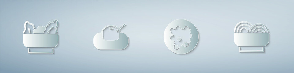 Set Wonton, Mochi, Rice in a bowl and Asian noodles. Paper art style. Vector