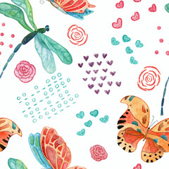 Seamless pattern of watercolor dragonfly, butterflies
 and small elements. Can be used for wrapping 
paper, wallpaper, postcards, fabric printing