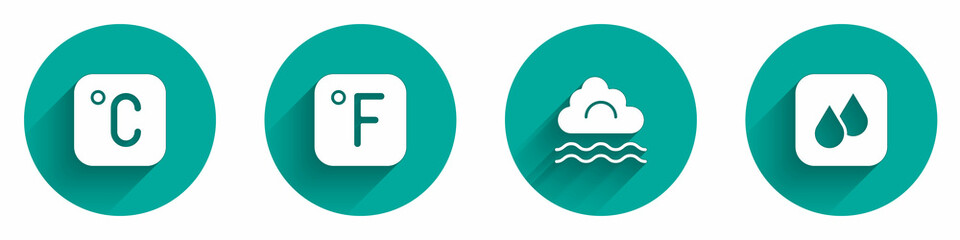Set Celsius, Fahrenheit, Fog and cloud and Water drop icon with long shadow. Vector