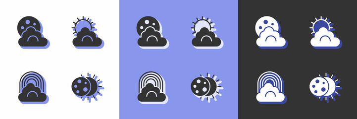Set Eclipse of the sun, Cloud with moon, Rainbow cloud and Sun and weather icon. Vector