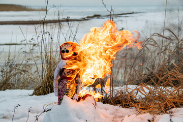 burning Maslenitsa doll on snow in the dried grass