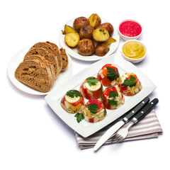 Portion of delicious chicken aspic on a plate isolated on white background
