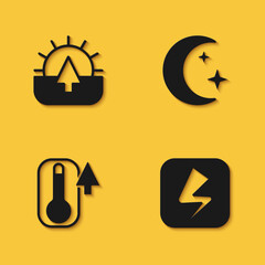 Set Sunrise, Lightning bolt, Thermometer and Moon and stars icon with long shadow. Vector