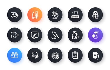 Minimal set of Stress, Coronavirus spray and Medical mask flat icons for web development. Face id, Coronavirus, Thermometer icons. Checklist, Nasal test, Vaccine message web elements. Vector