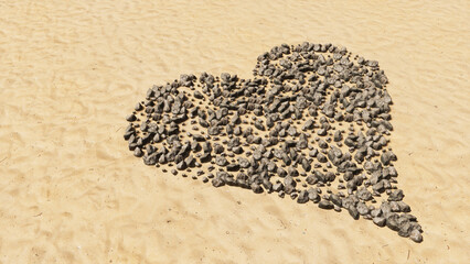 Concept conceptual stones on beach sand handmade symbol shape, golden sandy background, heart sign. A 3d illustration metaphor for love, romance, valentine's day, happiness, wedding, health or care