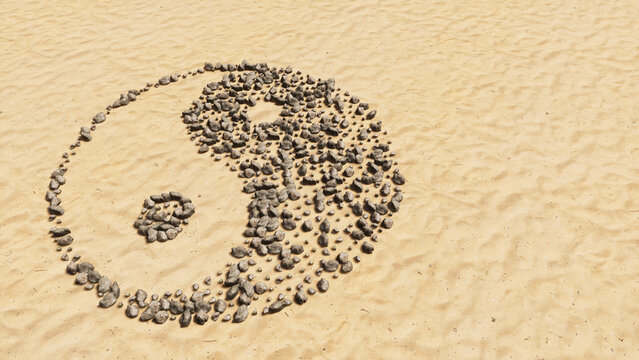 Concept conceptual stones on beach sand handmade symbol shape, golden sandy background, chinese symbol of Yin-Yang, opposing and complementary. 3d illustration metaphor for taoism, meditation, balance