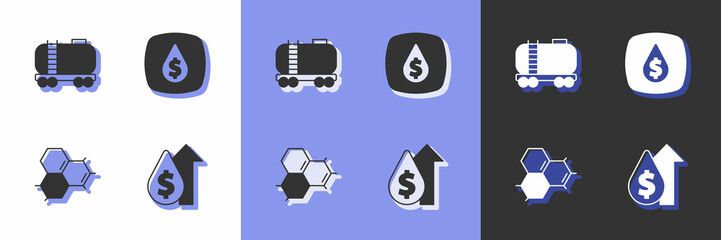 Set Oil price increase, railway cistern, Molecule oil and drop with dollar symbol icon. Vector