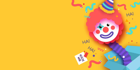 April Fools Day with Clown Character in paper cut style. April 1 party. Present joke box. Fools' Day Poster. Funny spring holiday.