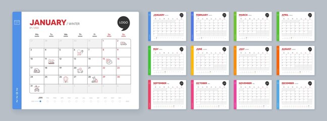 Calendar 2022 month schedule. Truck delivery, Transport insurance and Airport transfer minimal line icons. 24 hours, Truck transport, Airplane icons. Air balloon, Journey web elements. Vector