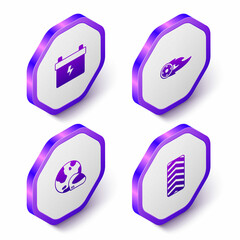 Set Isometric Car battery, Wheel in fire flame, Racing helmet and tire wheel icon. Purple hexagon button. Vector