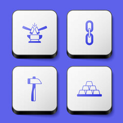 Set Anvil and hammer, Chain link, Hammer and Gold bars icon. White square button. Vector