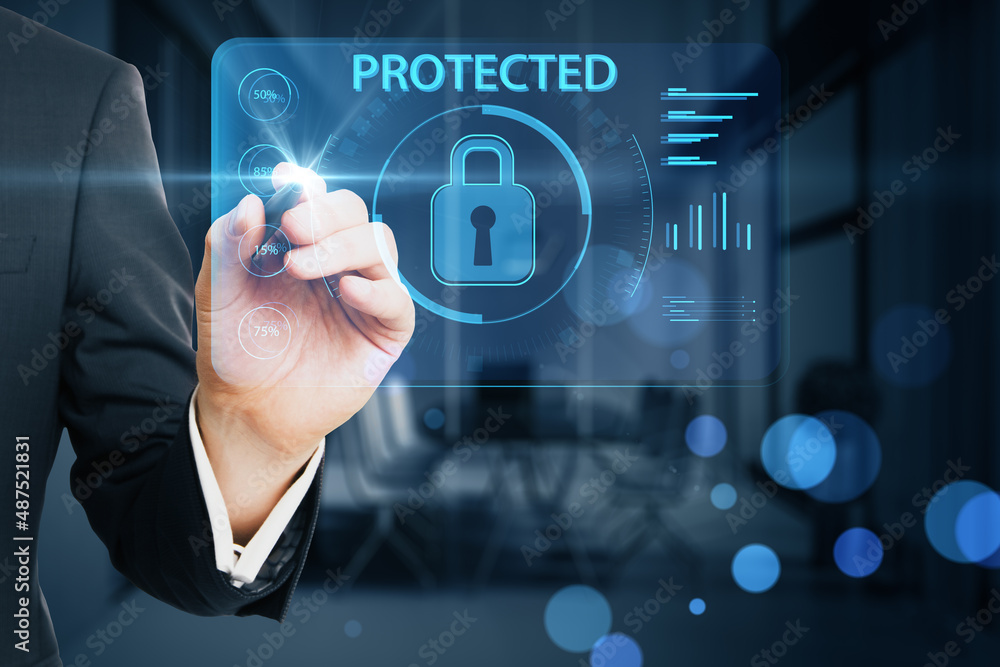 Poster close up of man hand pointing at creative protected digital padlock on blurry bokeh office interior 
