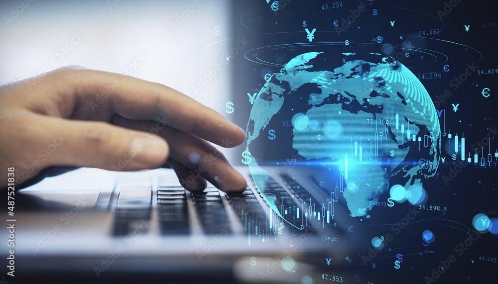 Poster close up of hand using laptop computer with glowing money transfer globe on blurry background. curre