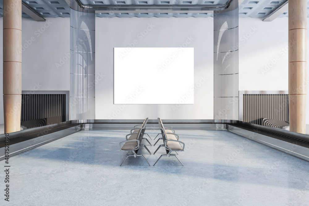 Poster modern airport waiting area concrete hallway interior with blank white mock up banner, seats and col