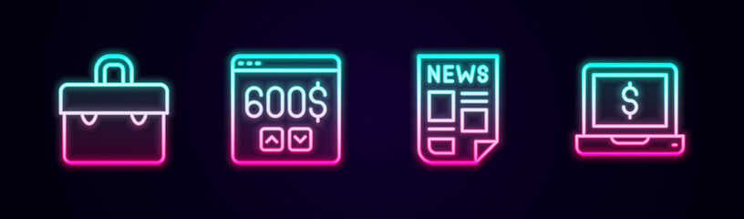 Set line Briefcase, Monitor with dollar, News and Laptop. Glowing neon icon. Vector