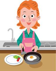 女性が料理（目玉焼き）を作っています。