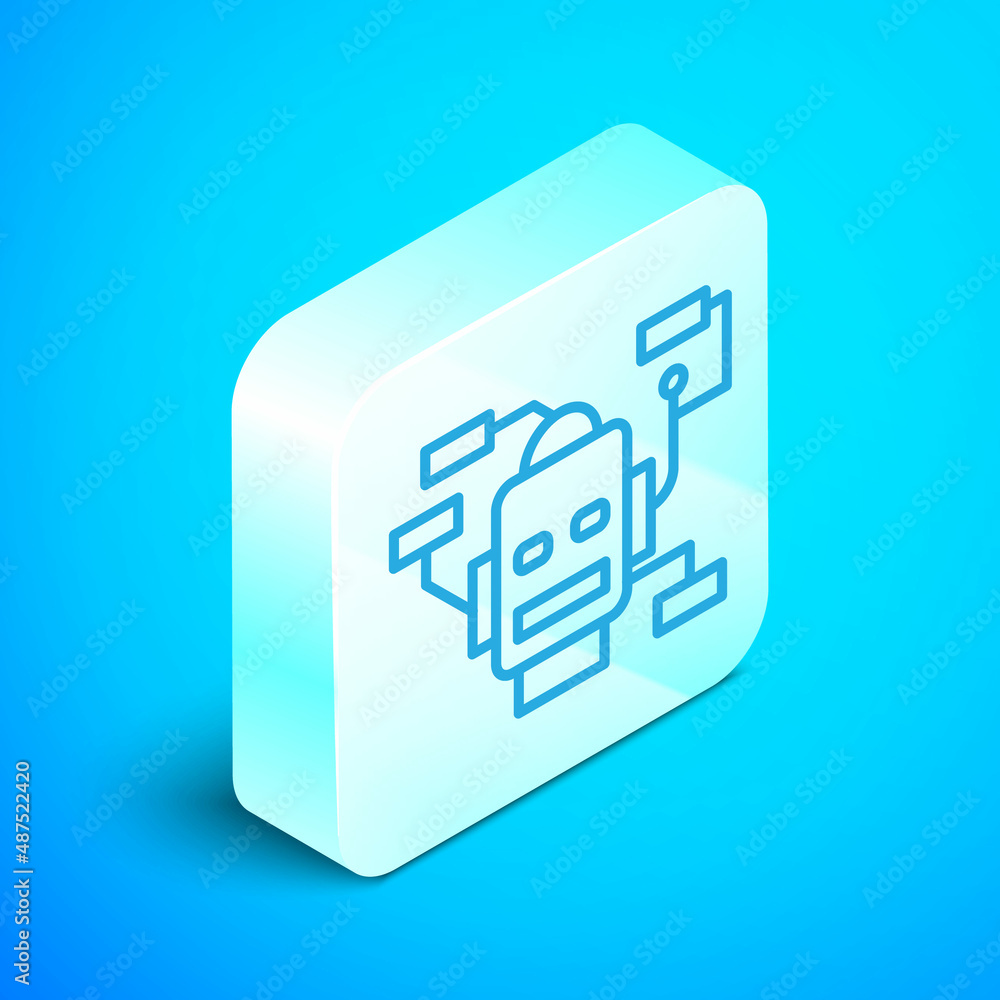 Poster Isometric line Robot icon isolated on blue background. Artificial intelligence, machine learning, cloud computing. Silver square button. Vector