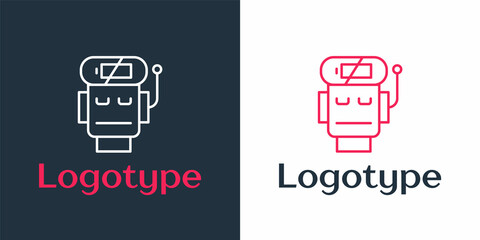 Logotype line Robot low battery charge icon isolated on white background. Artificial intelligence, machine learning, cloud computing. Logo design template element. Vector