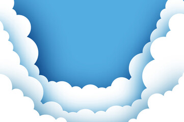 Cloudy paper cut art. Banner with 3d paper cut clouds on blue sky. Blue sky clouds paper craft style. Volumetric cloudscape. Round frame. Layered tunnel.