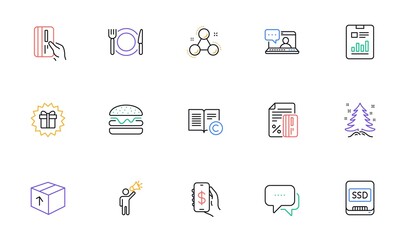 Copyright, Restaurant food and Credit card line icons for website, printing. Collection of Friends chat, Money app, Surprise gift icons. Ssd, Brand ambassador, Payment card web elements. Vector