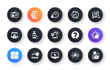 Minimal set of Search map, Id card and Phone payment flat icons for web development. Computer security, Online question, Internet icons. Notification bell, Pin marker. Circle buttons with icon. Vector