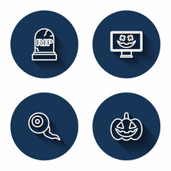 Set line Tombstone with RIP written, Happy Halloween holiday, Eye and Pumpkin with long shadow. Blue circle button. Vector