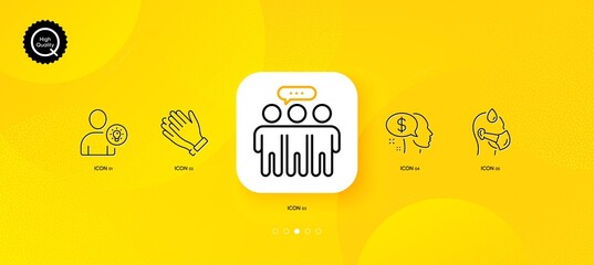 Fototapeta na wymiar User idea, Employees group and Clapping hands minimal line icons. Yellow abstract background. Sick man, Pay icons. For web, application, printing. Light bulb, Collaboration, Clap. Vector